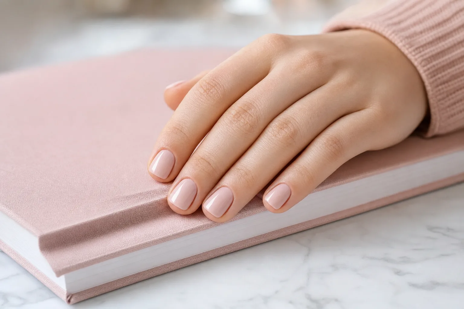 Student with short, neutral-toned nails holding a textbook