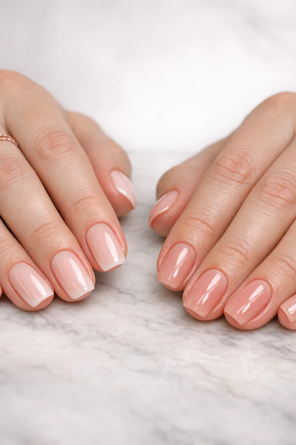 Comparison of a Russian manicure and a regular gel manicure, highlighting the difference in cuticle appearance