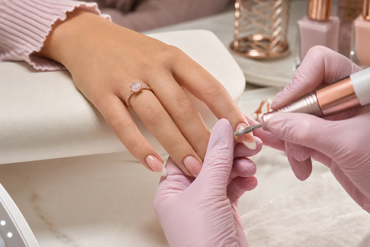 Woman getting a nail refill at a professional nail studio