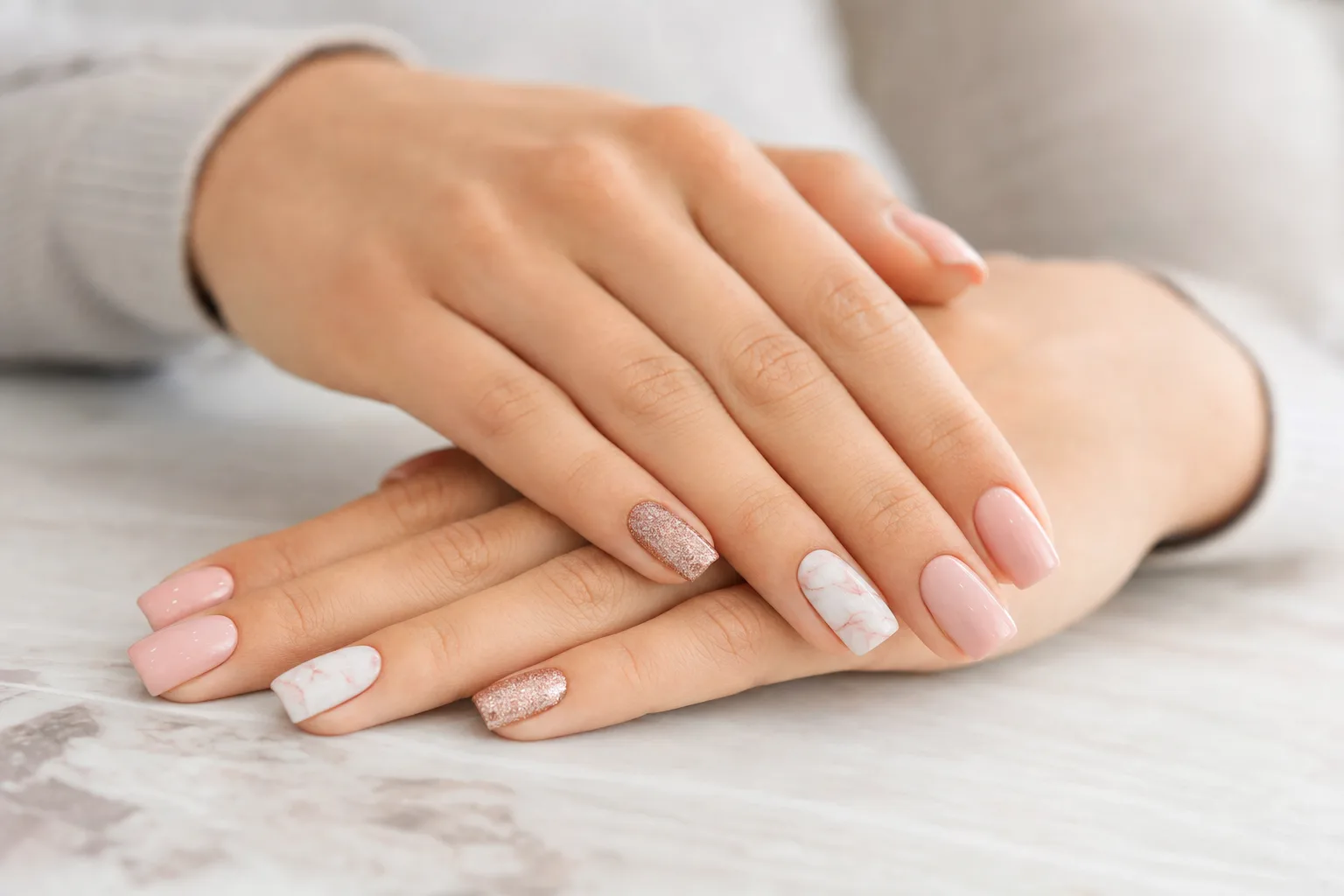 Manicured hands with builder gel, showcasing strength and natural appearance