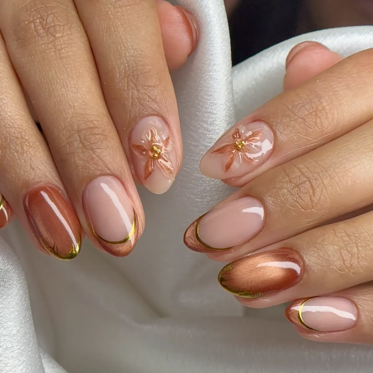 Copper bronze nails with 3D floral nail art at Polished by Kim