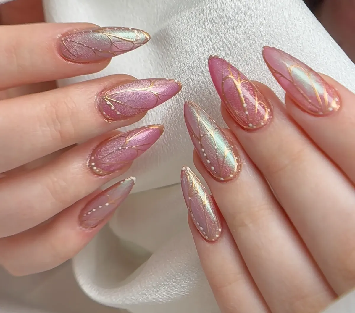 Iridescent nails with gold leaf nail art at Polished by Kim The Woodlands