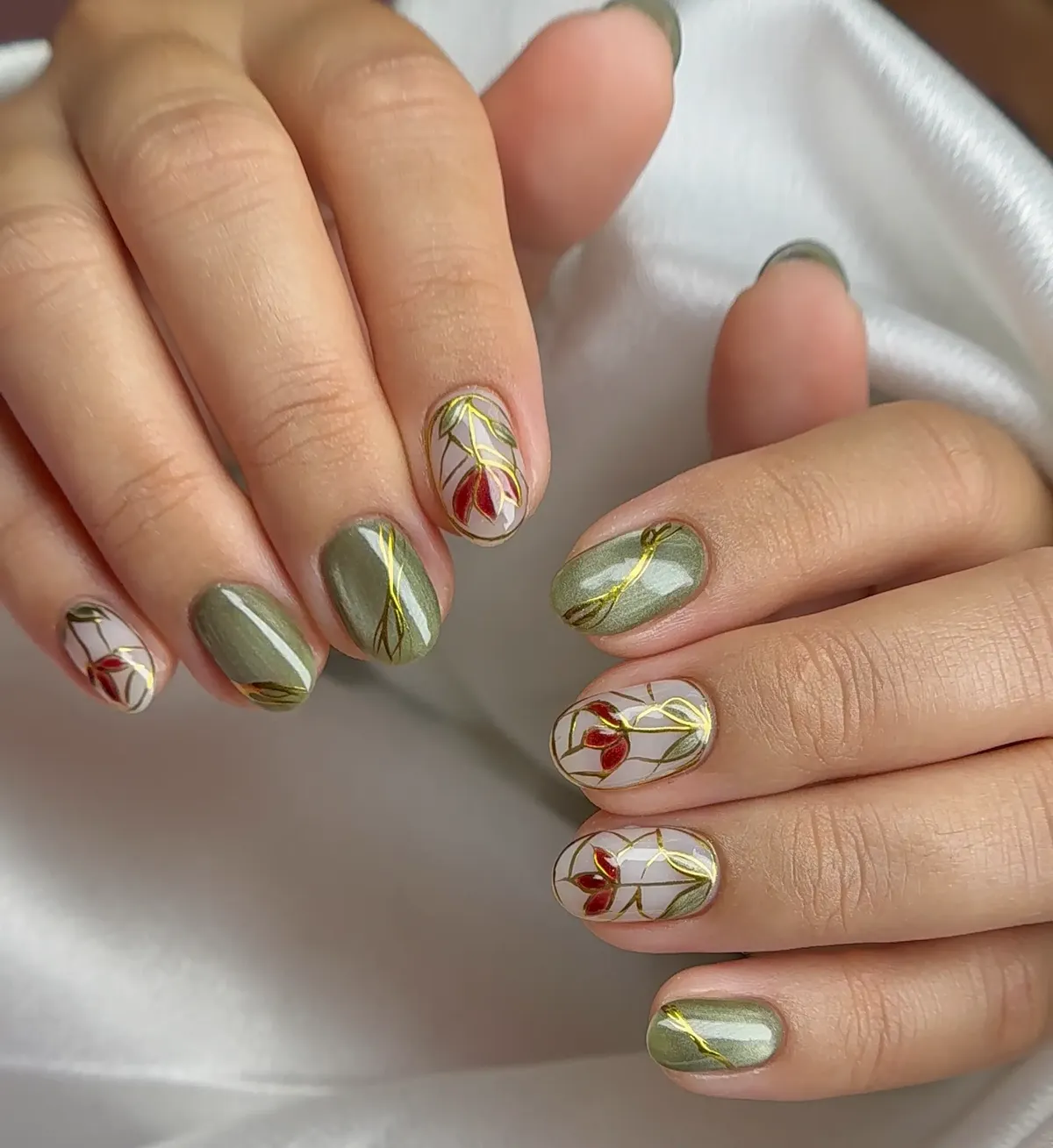 Olive nude nails with gold floral nail art at Polished by Kim The Woodlands
