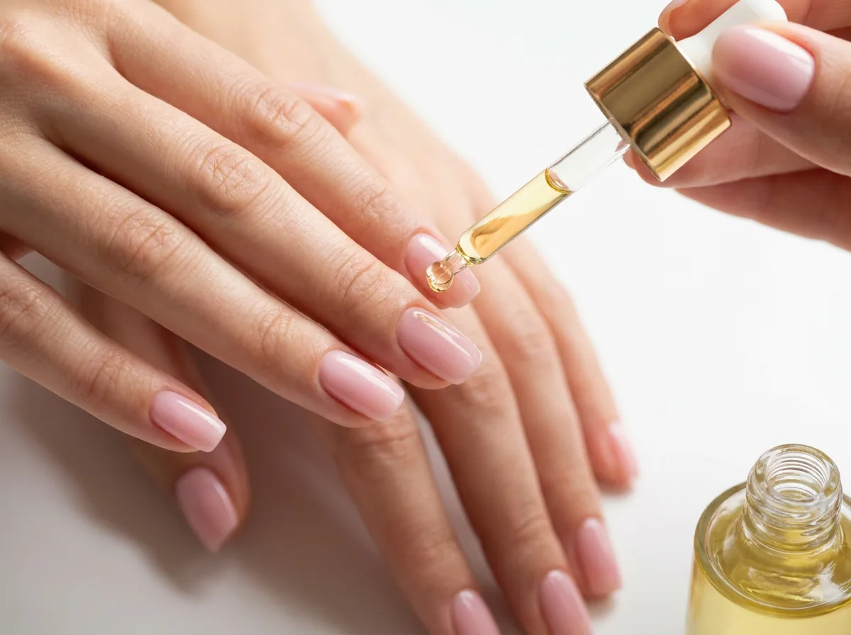 Applying cuticle oil to nails with a dropper to keep manicure lasting longer