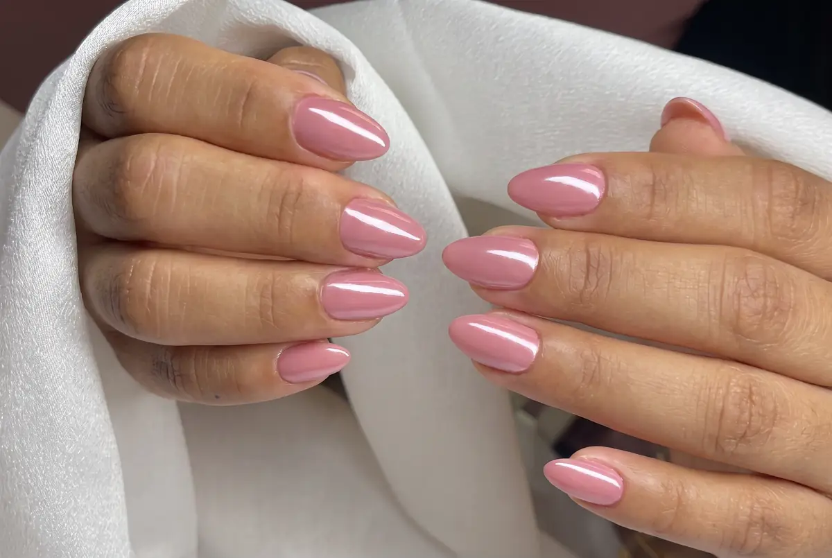 Beautiful finished rose pink almond gel nails at Polished by Kim The Woodlands