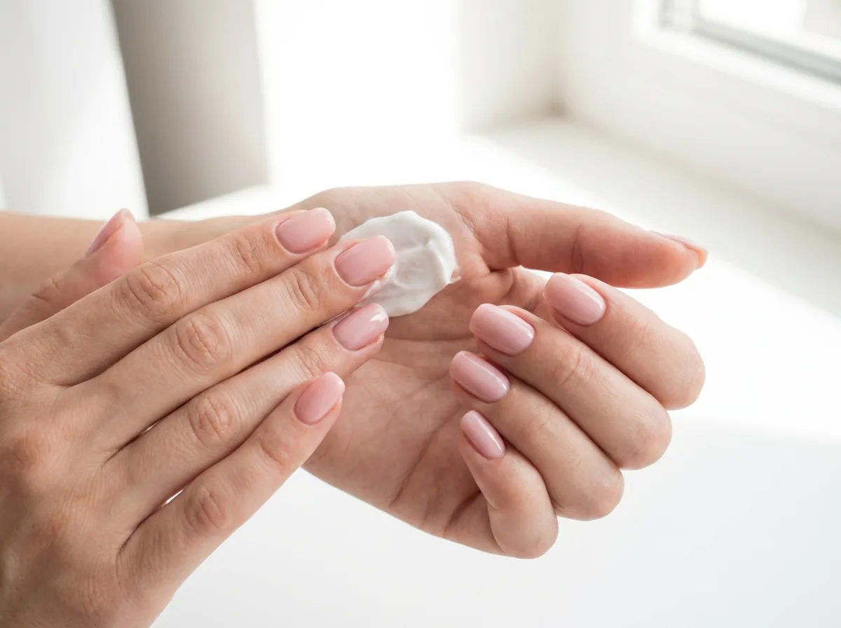 Applying hand cream to hydrated hands with a healthy pink manicure