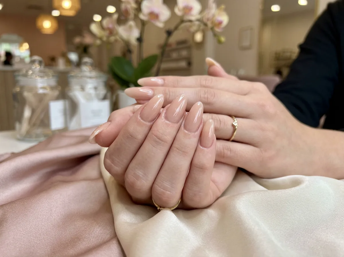 Beautiful nude gel nails at Polished by Kim nail studio in Spring TX