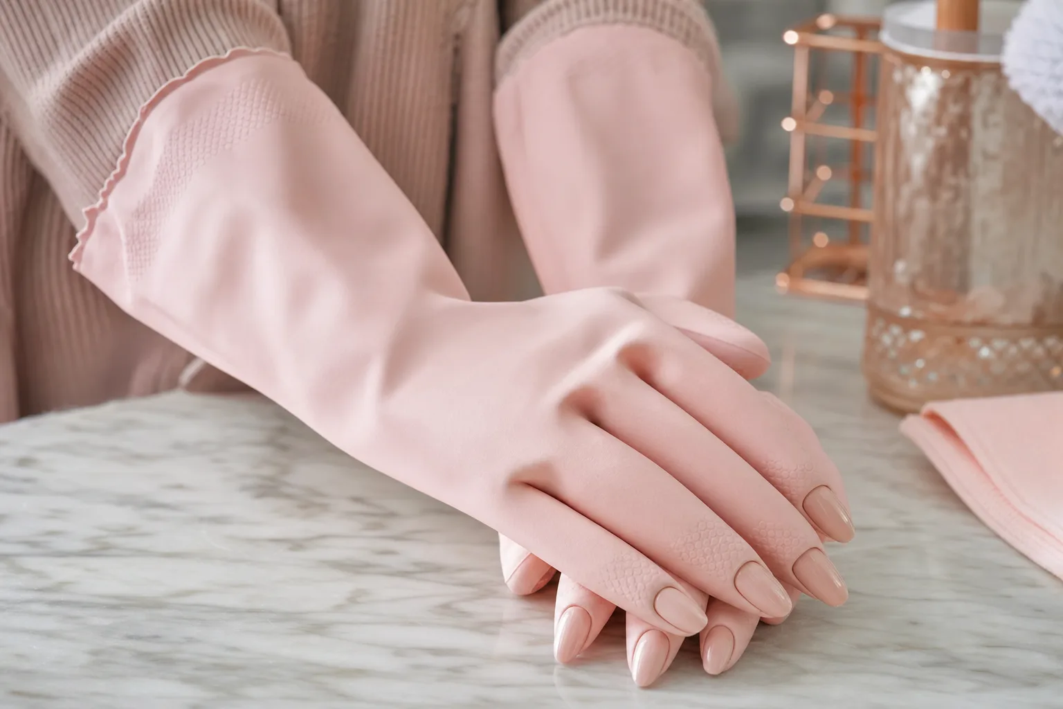 Hands wearing protective gloves while doing household chores