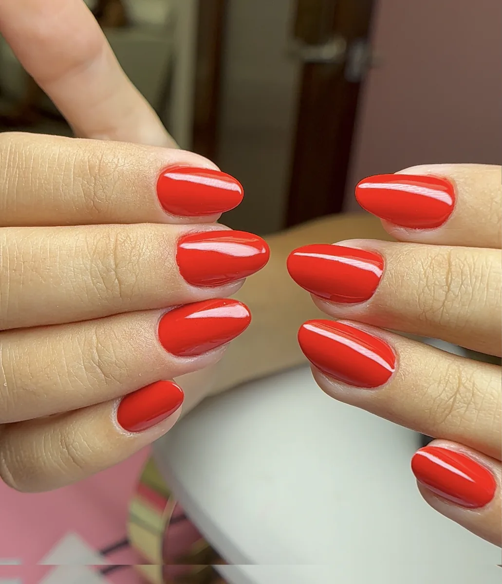 Glossy red oval Russian Manicure by Polished by Kim