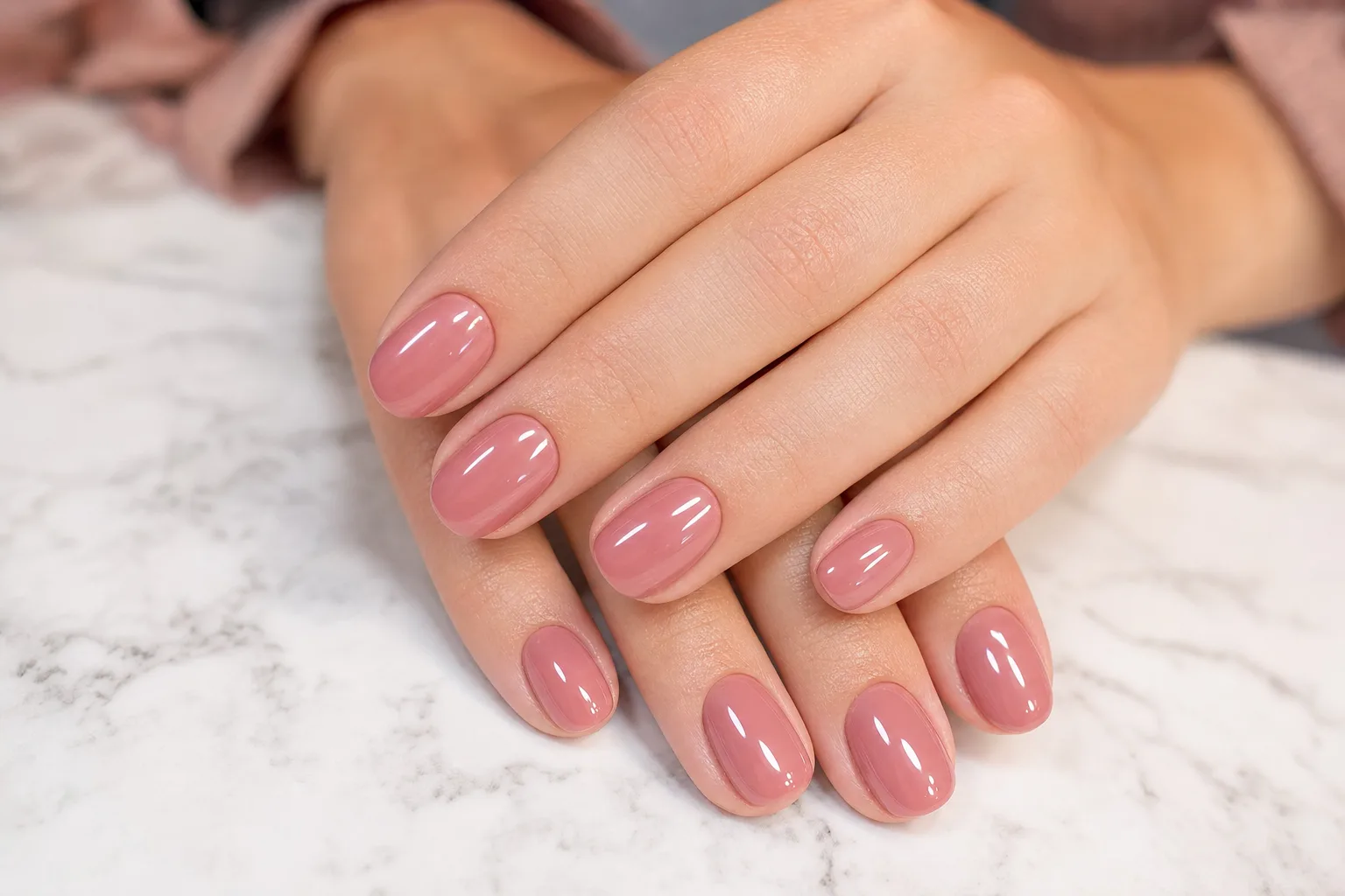 Freshly done Russian manicure with perfectly clean cuticles and shiny gel polish