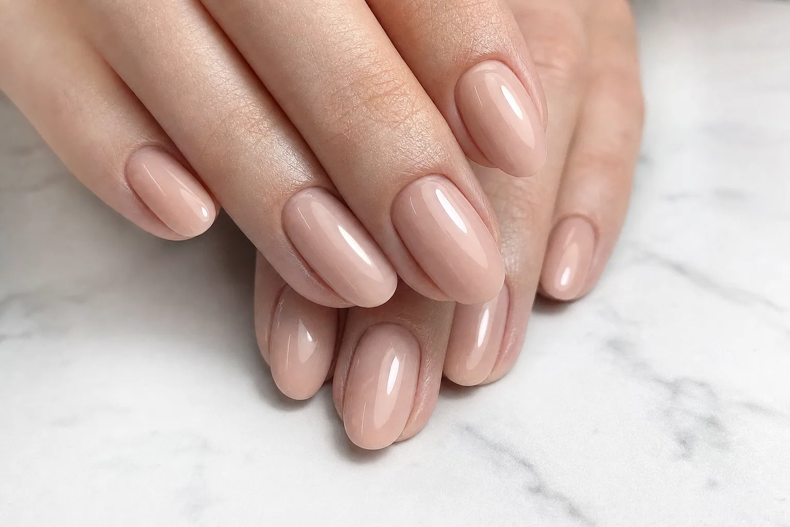 Close-up of a Russian manicure showing perfectly clean cuticles