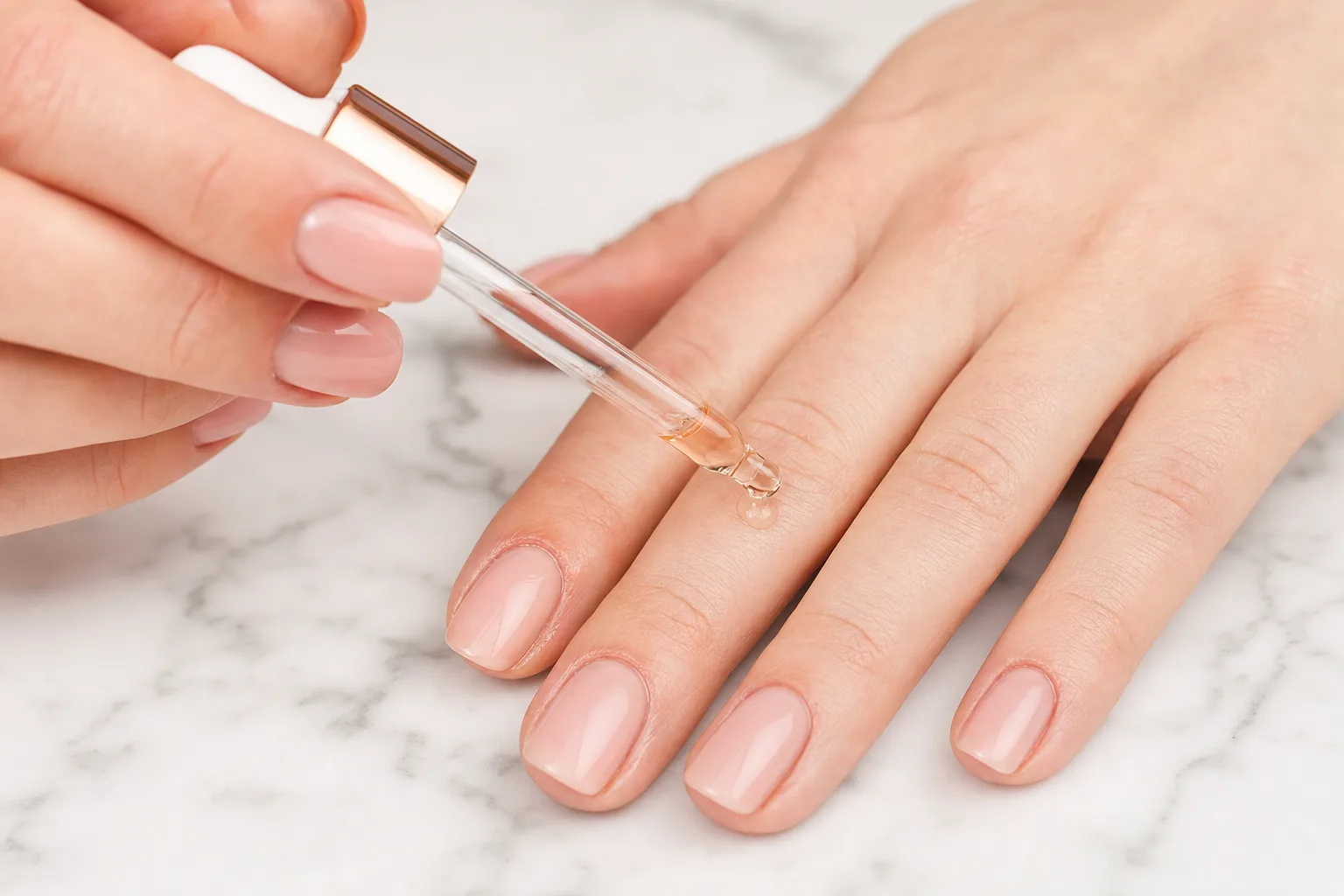 Close-up of hands applying cuticle oil to nails and cuticles