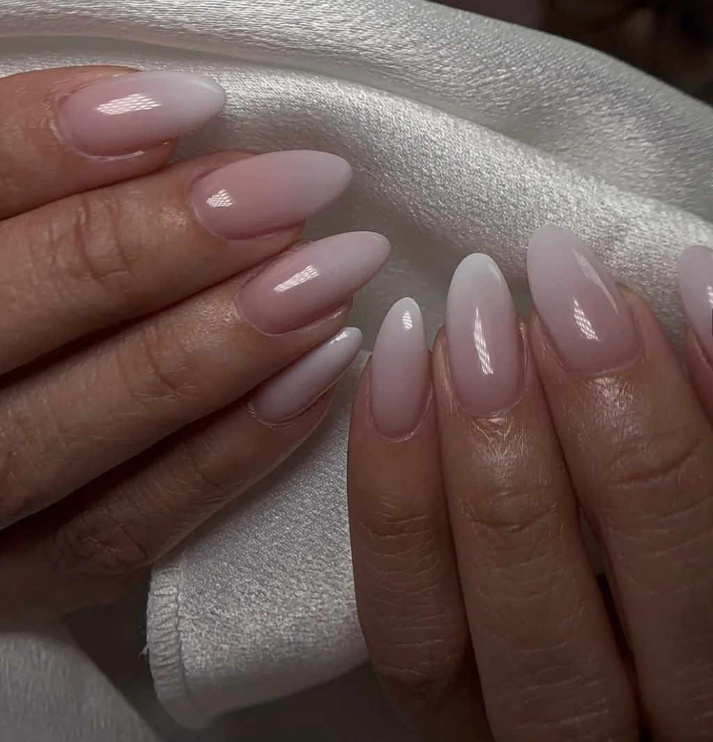 Pink and white ombre almond Gel-X extensions by Polished by Kim