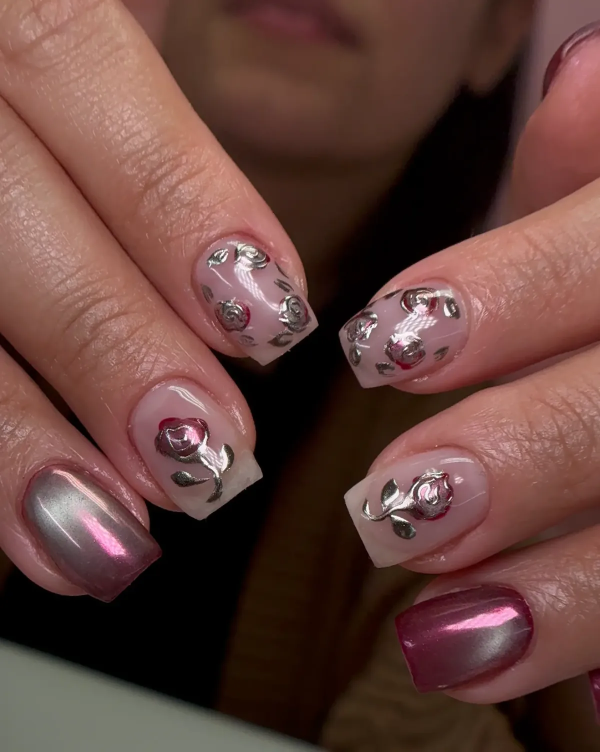 Chrome cat eye nails with silver rose 3D accents — luxury prom nails by Polished by Kim