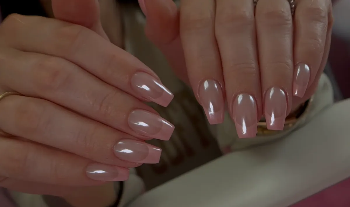 Soft pink chrome coffin nails for prom — Polished by Kim Spring TX