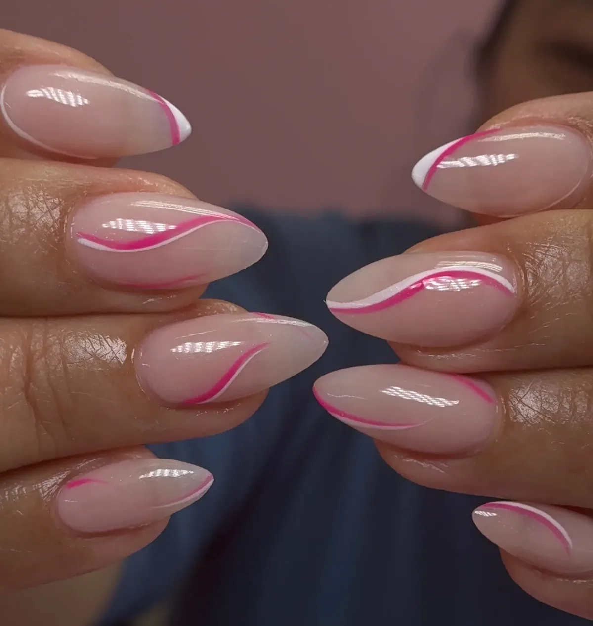 Pink swirl French tip nails — elegant prom manicure by Polished by Kim Spring TX