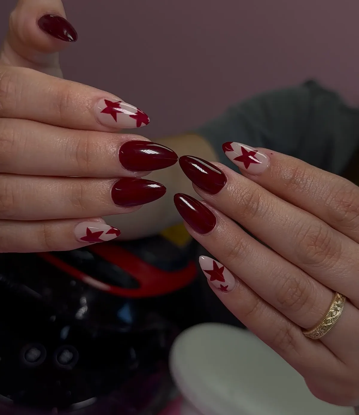 Deep red and star nail art — bold prom nails by Polished by Kim
