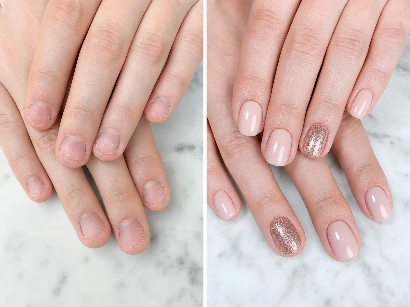Before and after comparison of nails, showing significant improvement after Russian manicure and gel application