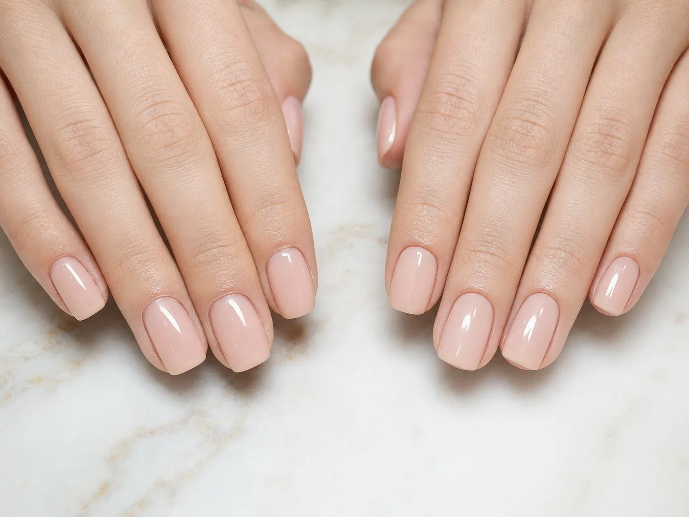 Comparison of a hand with a regular gel manicure and a hand with a Russian manicure