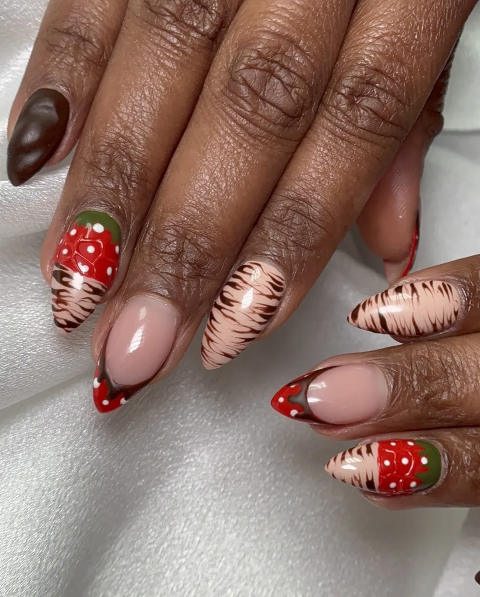 Strawberry and chocolate drizzle nail art on long stiletto nails by Polished by Kim
