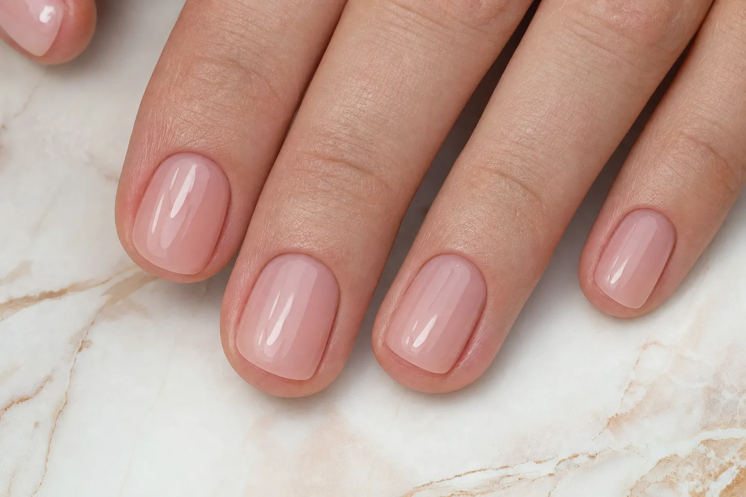 Close-up of nails after a Russian manicure, showing perfectly clean cuticles and a polished look