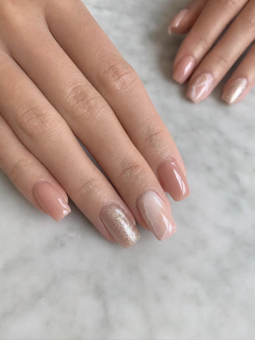 Close-up of a hand with Gel X nails, showing a smooth, glossy finish