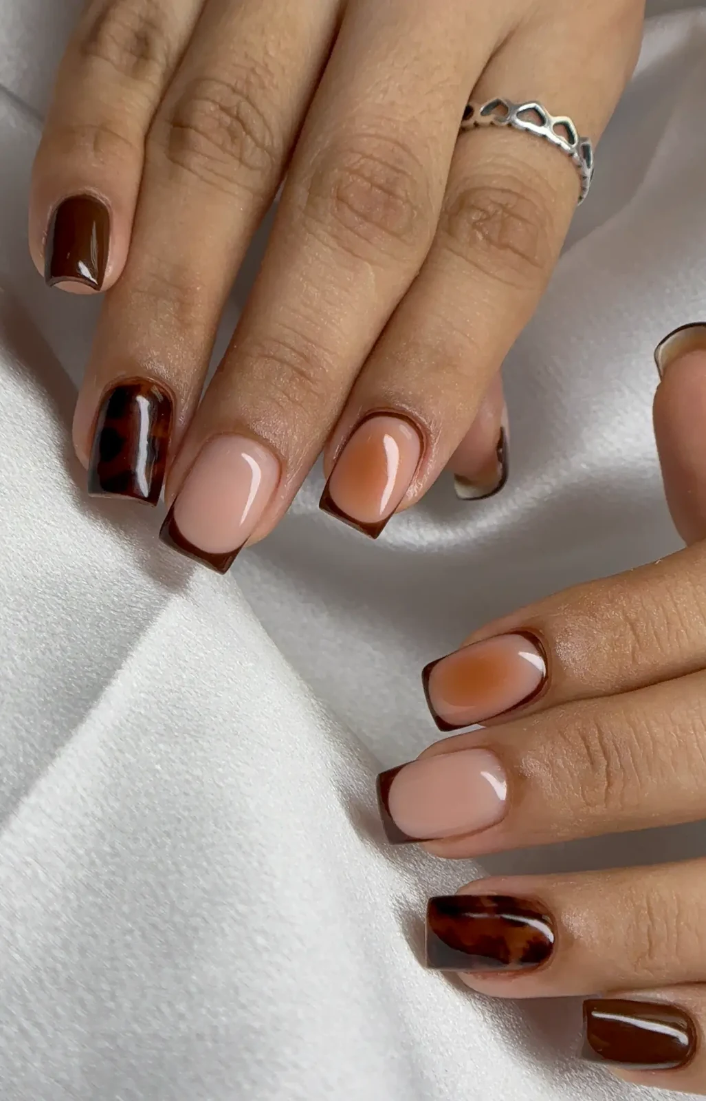 Square nude nails with tortoiseshell brown French tips by Polished by Kim