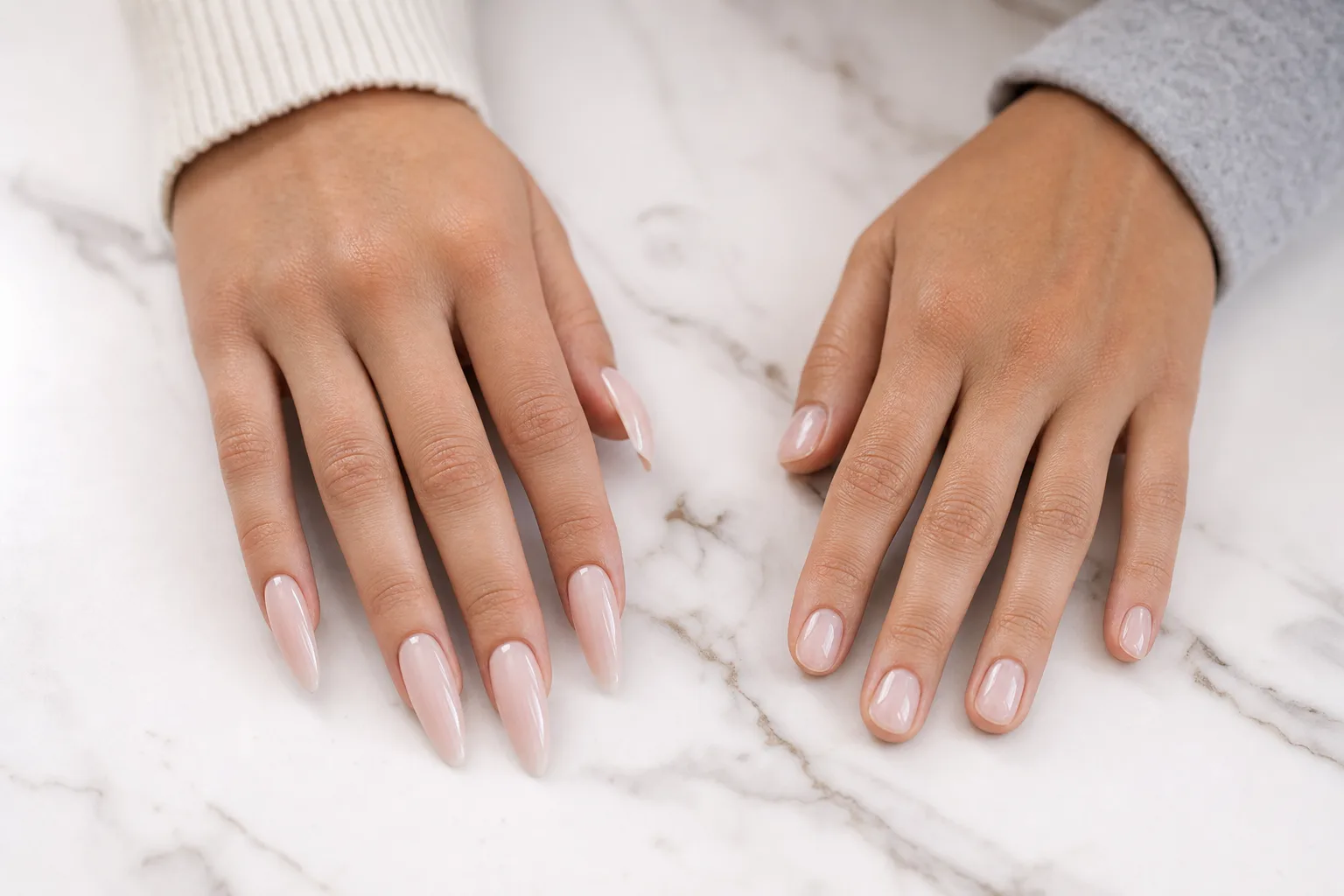 Comparison image showing a hand with Gel X nails and another with Builder Gel nails